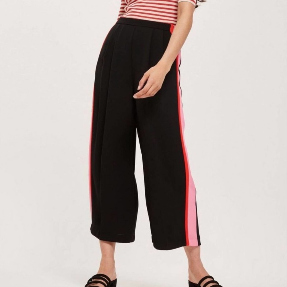 Topshop Black Wide Leg Pants with Pink Stripes